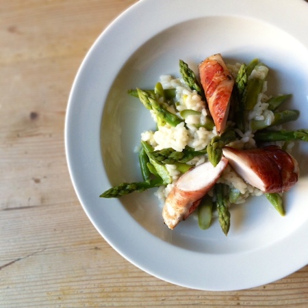 Spargelrisotto mit Vanille, Kaninchenfilet mit Rohschinken